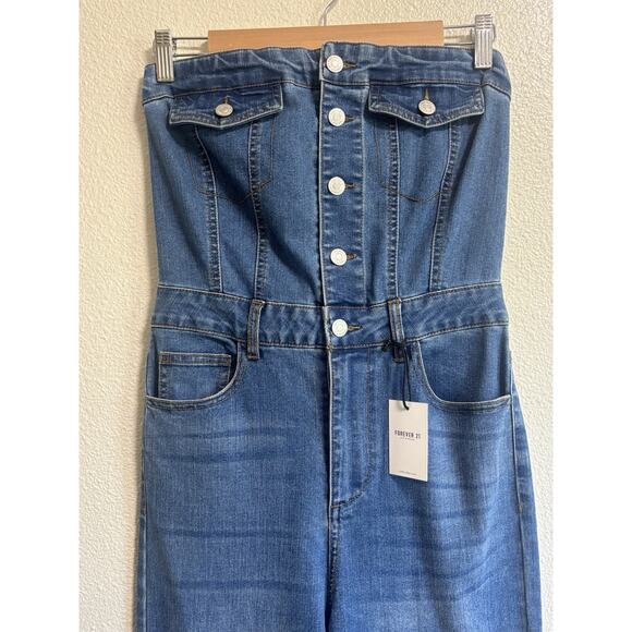 Forever 21 Women’s Strapless Denim Jumpsuit Size Small Flare Leg Romper Western - Picture 3 of 8